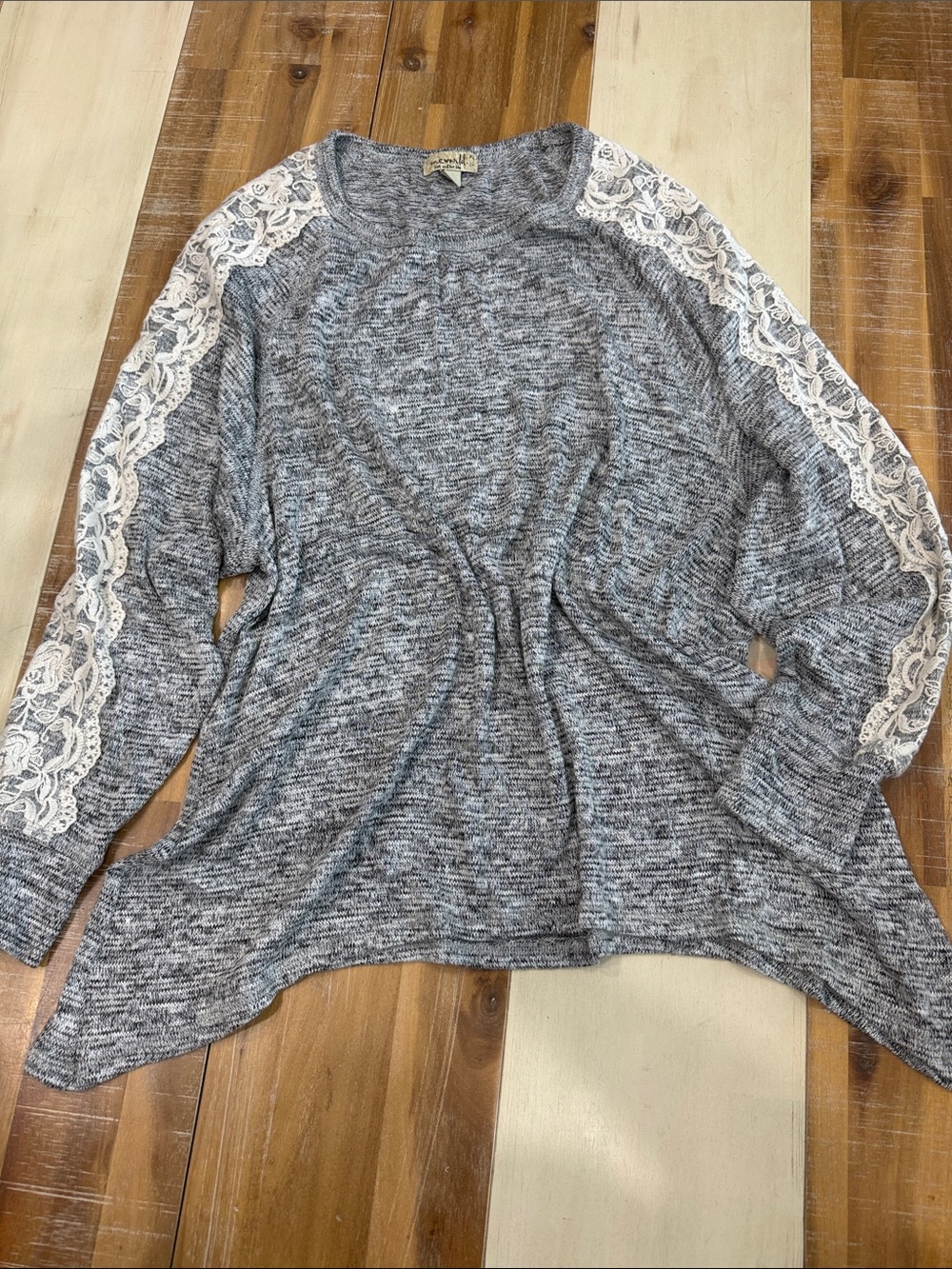 ONE WORLD Grey Marled Scoop Neck Sweater with Cream Lace Sleeves